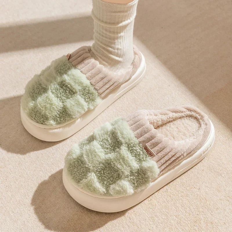 Cloud Fluffy Plaid Mules