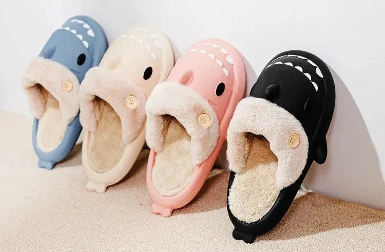 Fluffy Shark Slides – Unisex Non-Slip Winter Slippers
