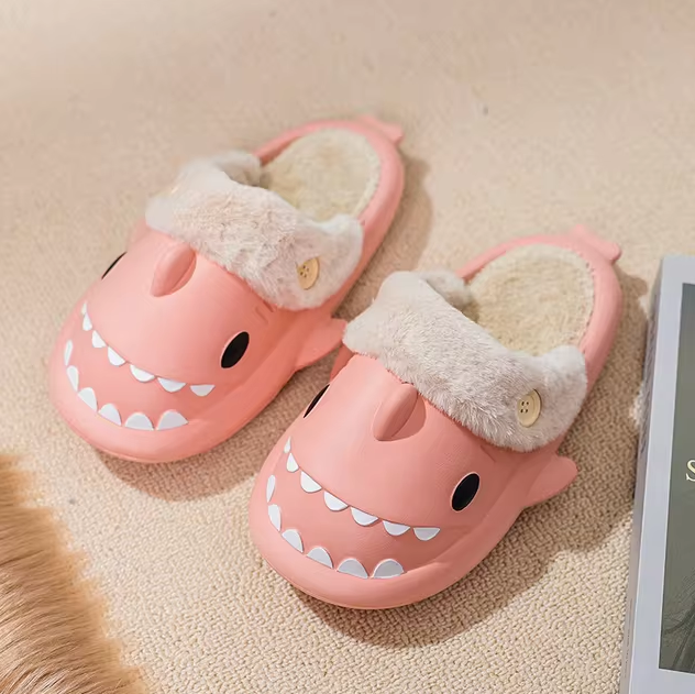 Fluffy Shark Slides – Unisex Non-Slip Winter Slippers