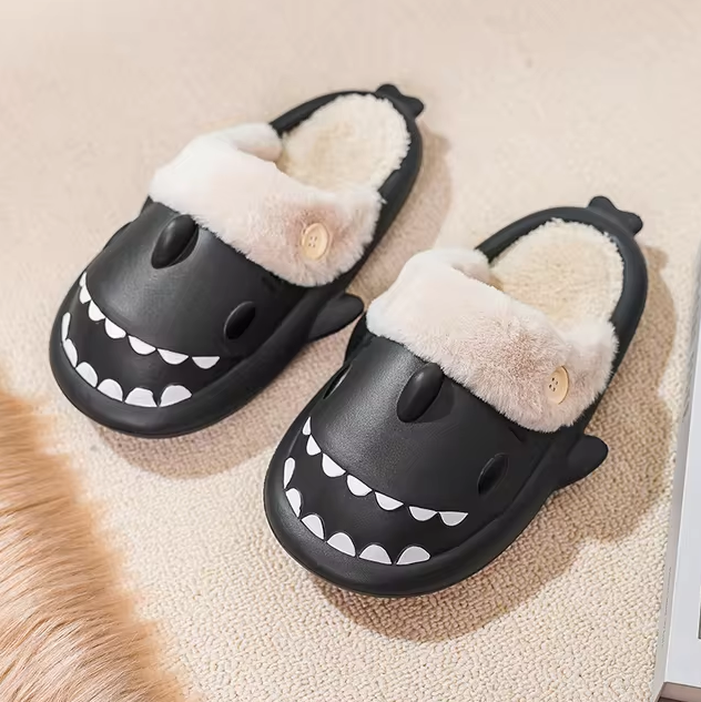 Fluffy Shark Slides – Unisex Non-Slip Winter Slippers