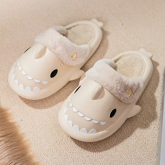 Fluffy Shark Slides – Unisex Non-Slip Winter Slippers