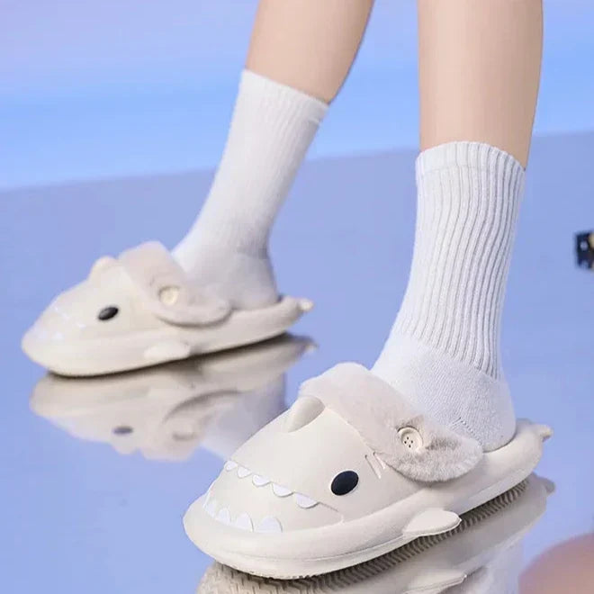 Fluffy Shark Slides – Unisex Non-Slip Winter Slippers