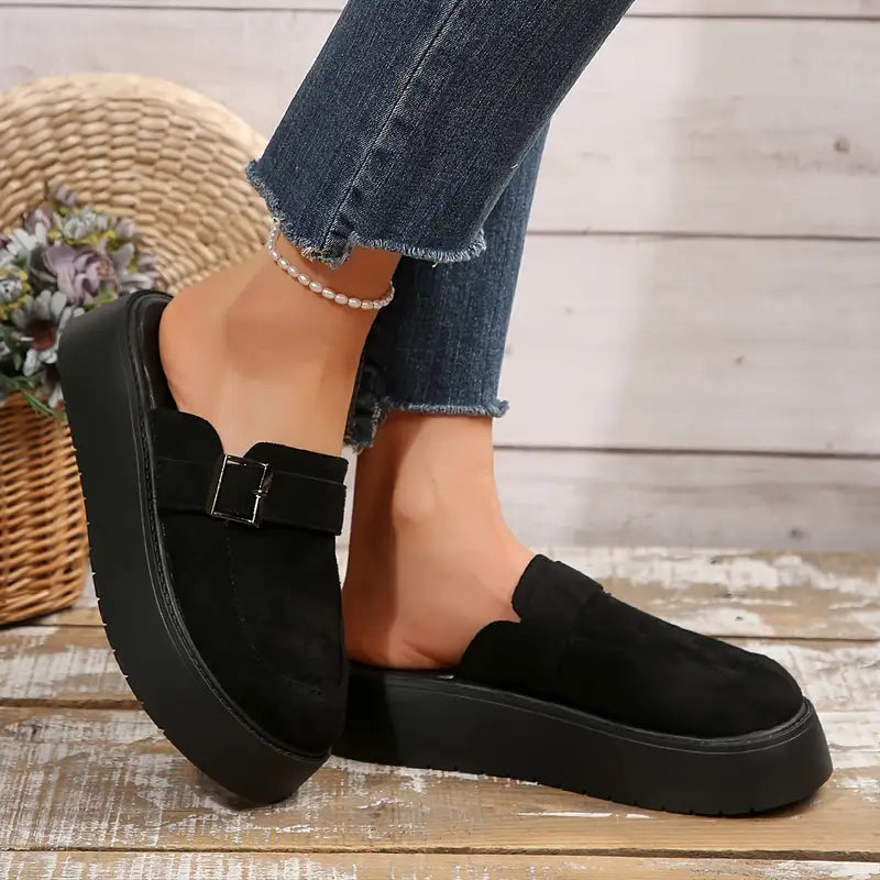 Midnight Buckle Platform Mules