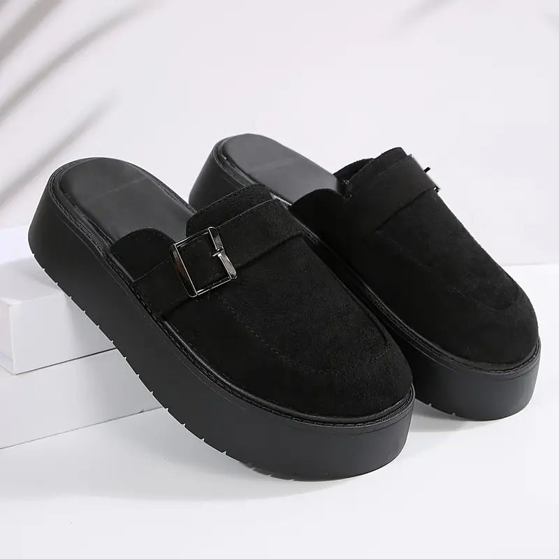 Midnight Buckle Platform Mules