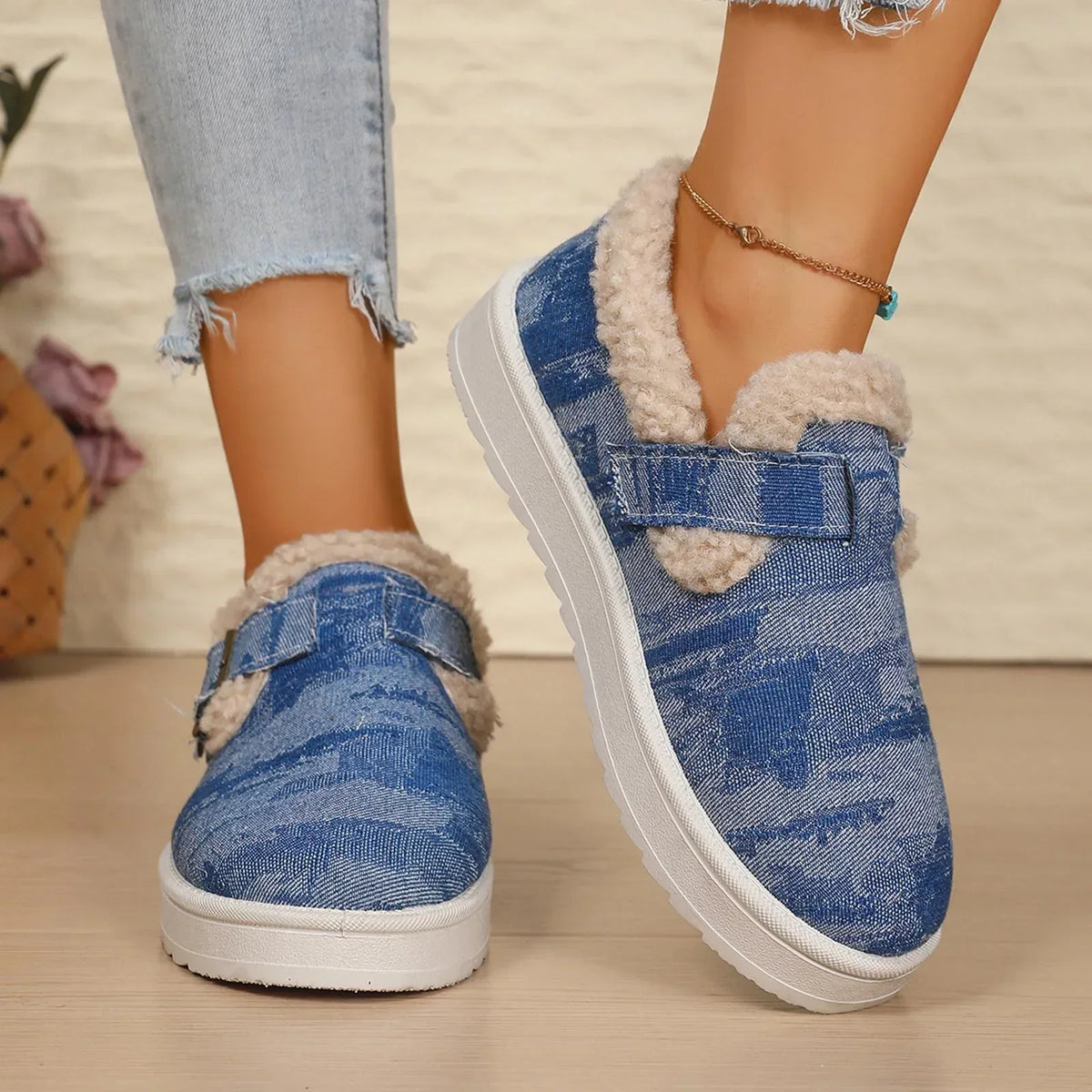 Sheepskin and Denim Buckle Slippers