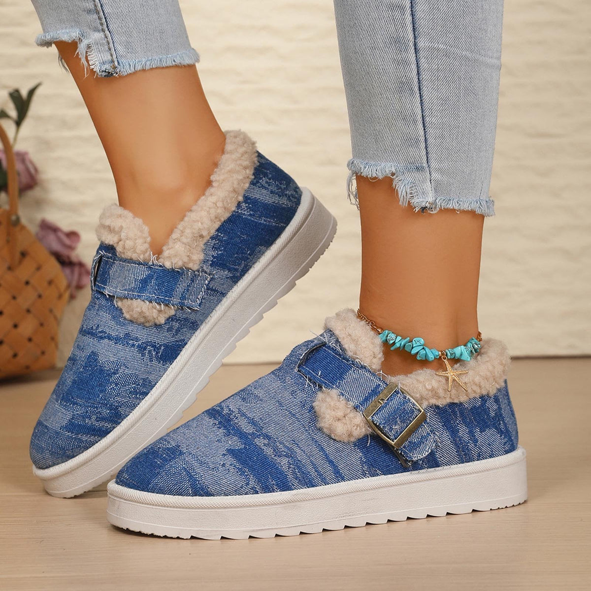 Sheepskin and Denim Buckle Slippers