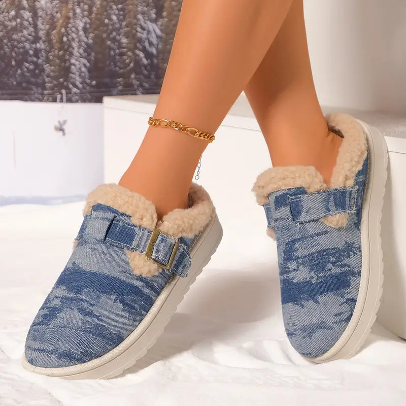 Sheepskin and Denim Buckle Slippers