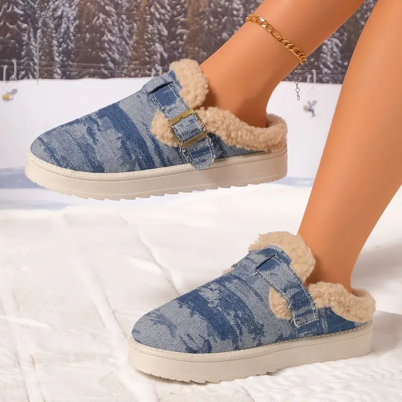Sheepskin and Denim Buckle Slippers