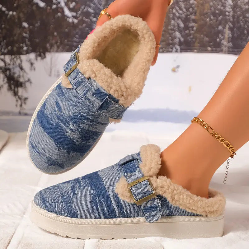 Sheepskin and Denim Buckle Slippers