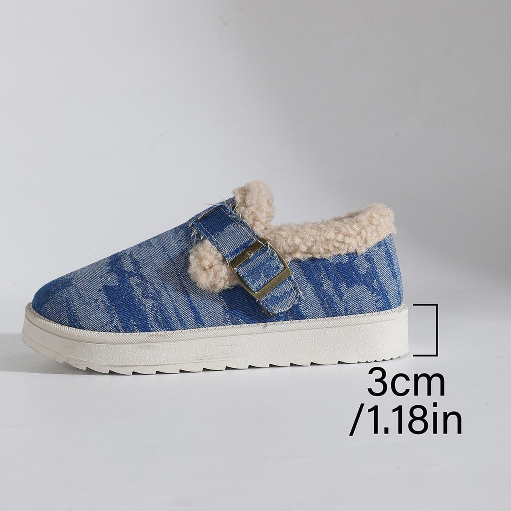 Sheepskin and Denim Buckle Slippers