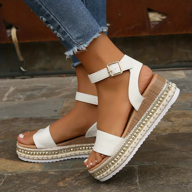 Strappy Buckle Wedge Sandals