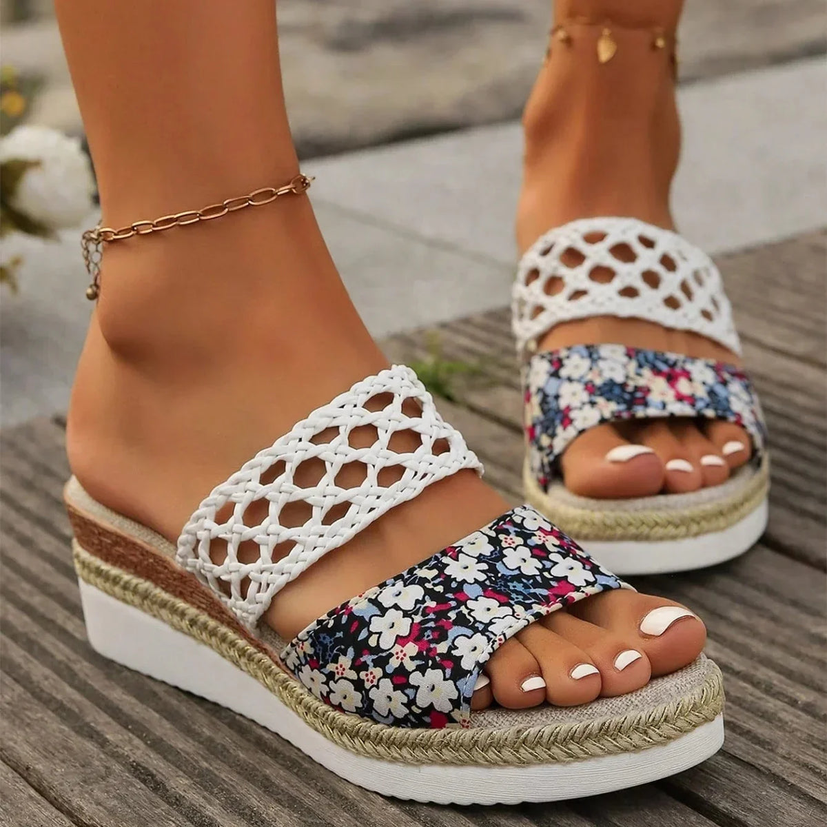Woven Straw Wedge Sandals